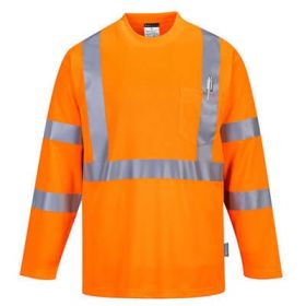 Men's Portwest Class 3 Hi-Vis Long Sleeve Pocket T-Shirt- Safety Orange