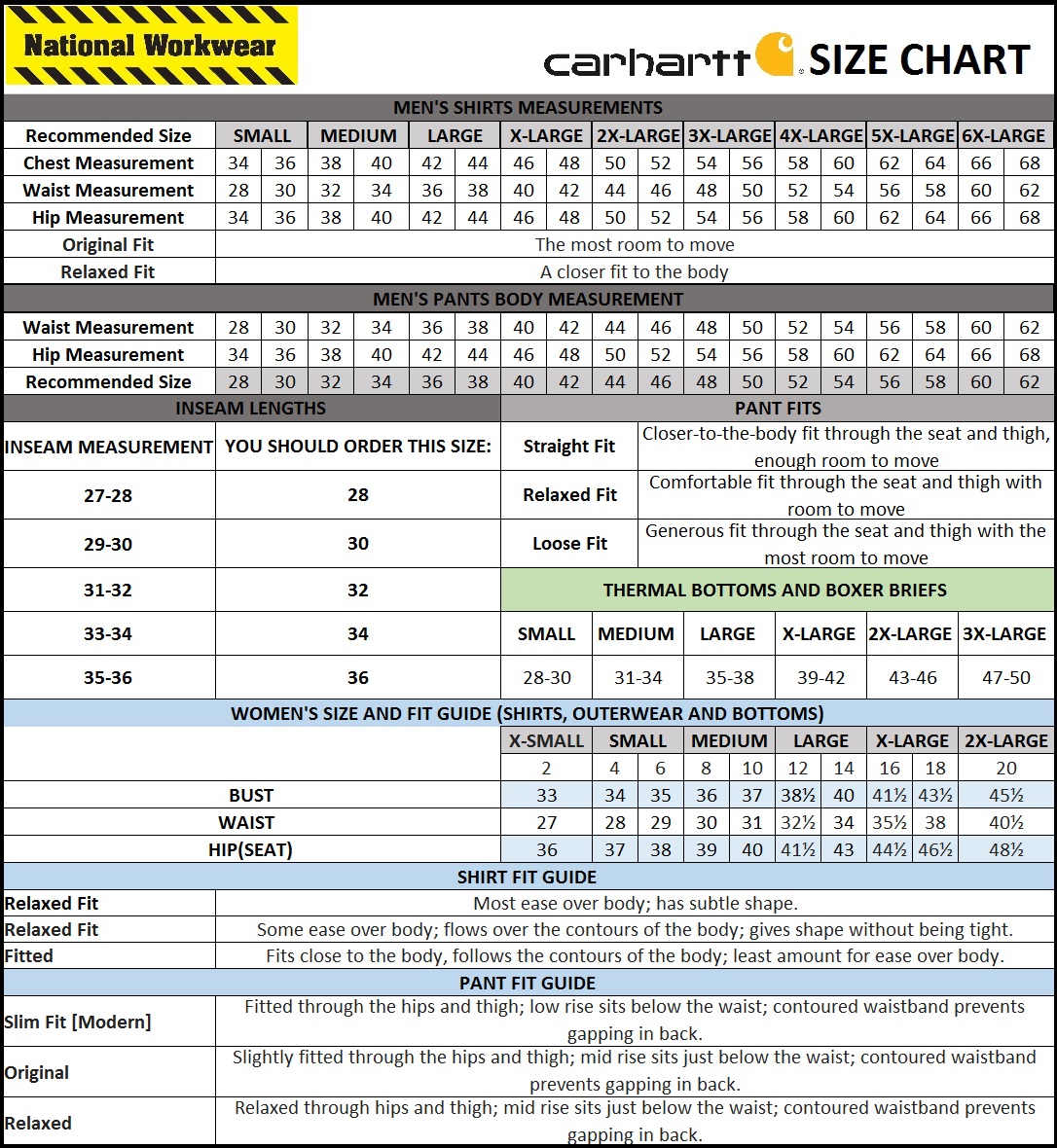 Carhartt Big And Size Chart