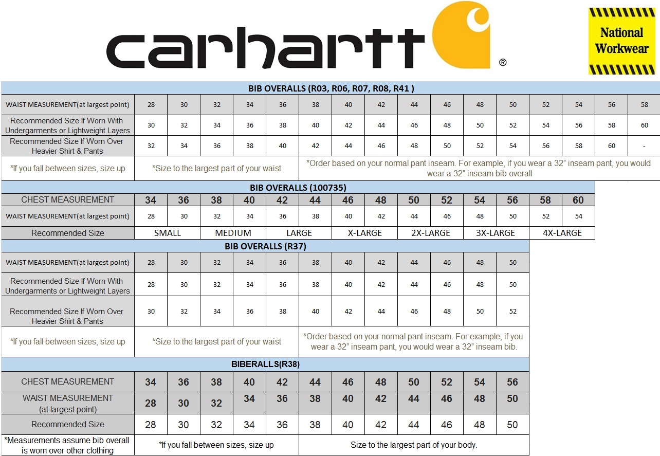 Size Chart for Men's Carhartt Insulated Duck Zip-To-Thigh Bib Overalls