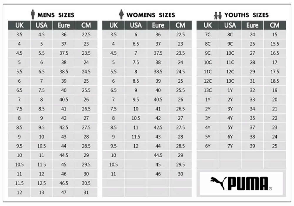 puma womens running shoes size chart