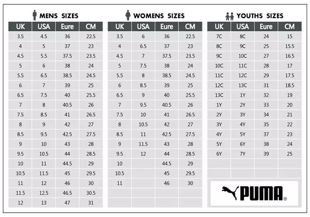 puma womens shoes size chart