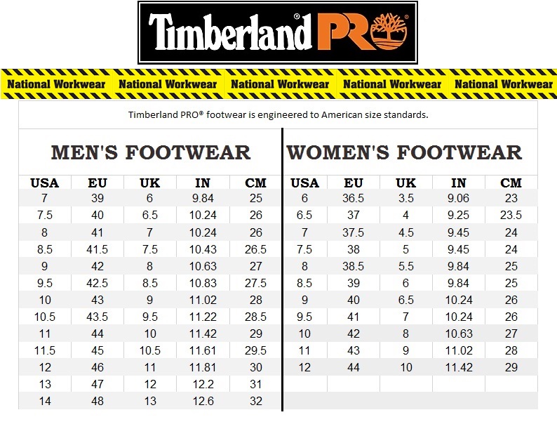 timberland pro size chart